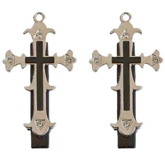 Gothic Black & Silver Cross Hair Clip Set