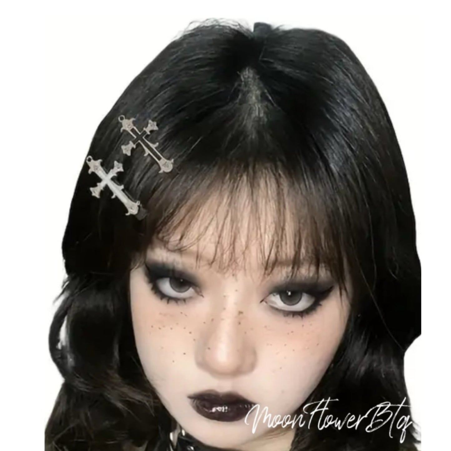 Gothic Black & Silver Cross Hair Clip Set