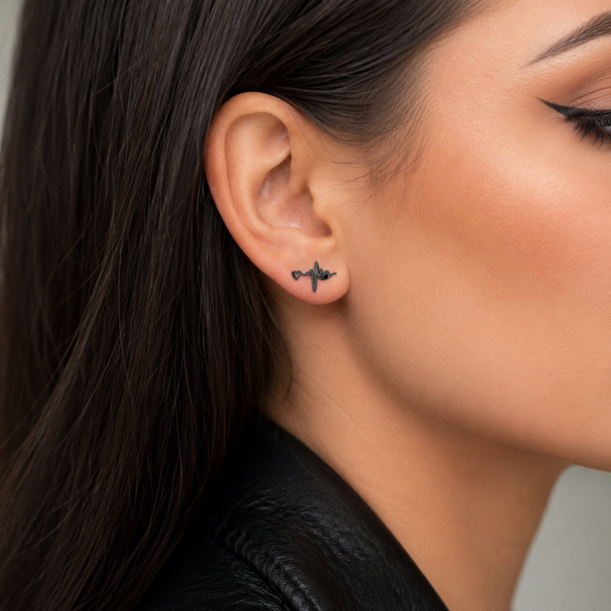 Black EKG Heartbeat Stud Earrings