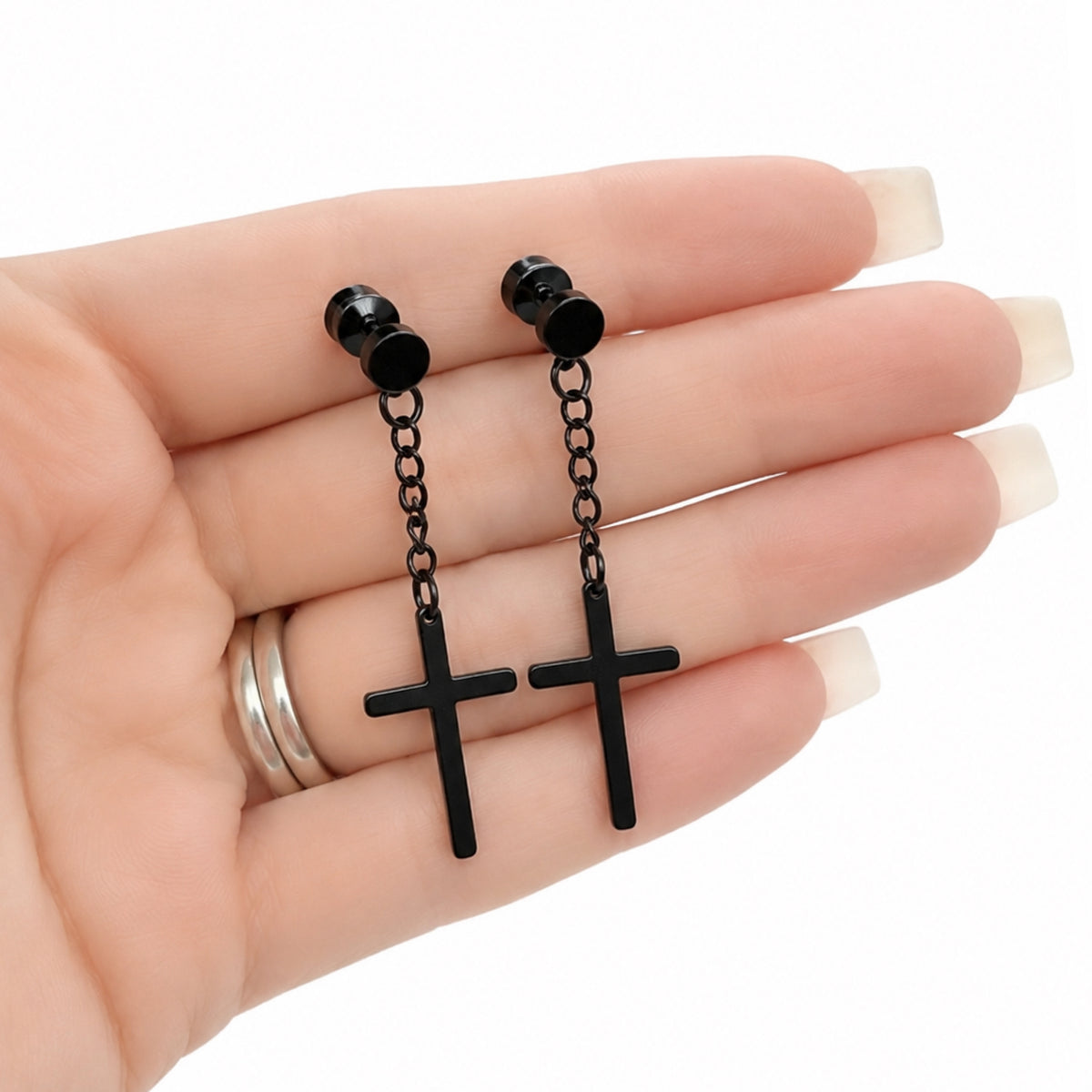 Black Cross Chain Dangle Faux Plug Earrings