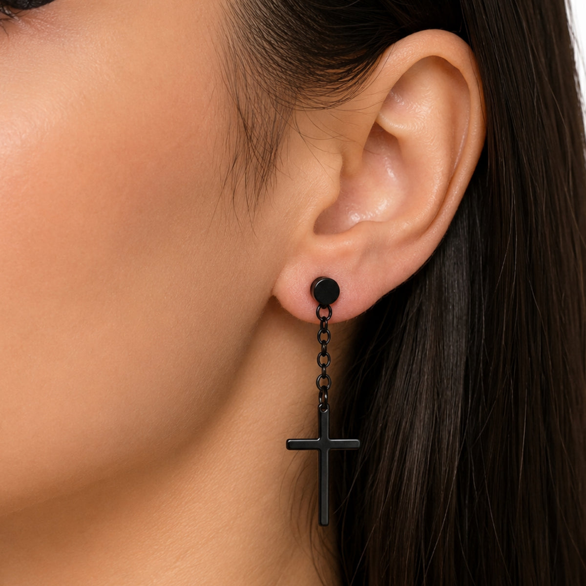 Black Cross Chain Dangle Faux Plug Earrings