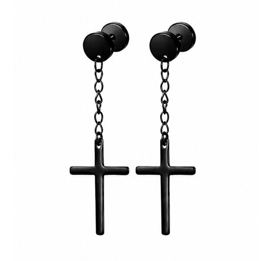 Black Cross Chain Dangle Faux Plug Earrings