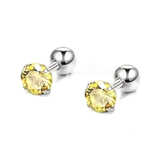 6mm Yellow CZ Barbell Earrings Stainless Steel Studs