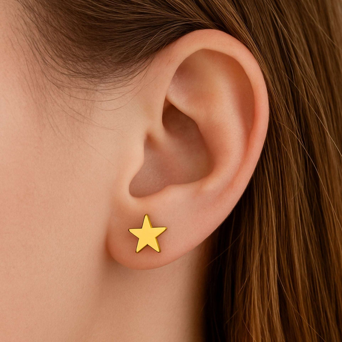 Yellow Gold Star Barbell Earrings