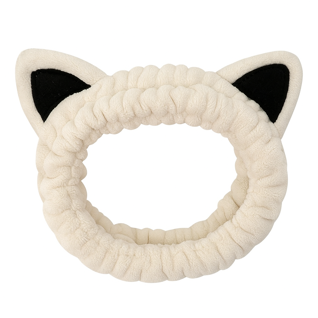 Cream Plush Cat Ear Spa Headband | Makeup Skincare Face Wash Hair Band Cute Kawaii