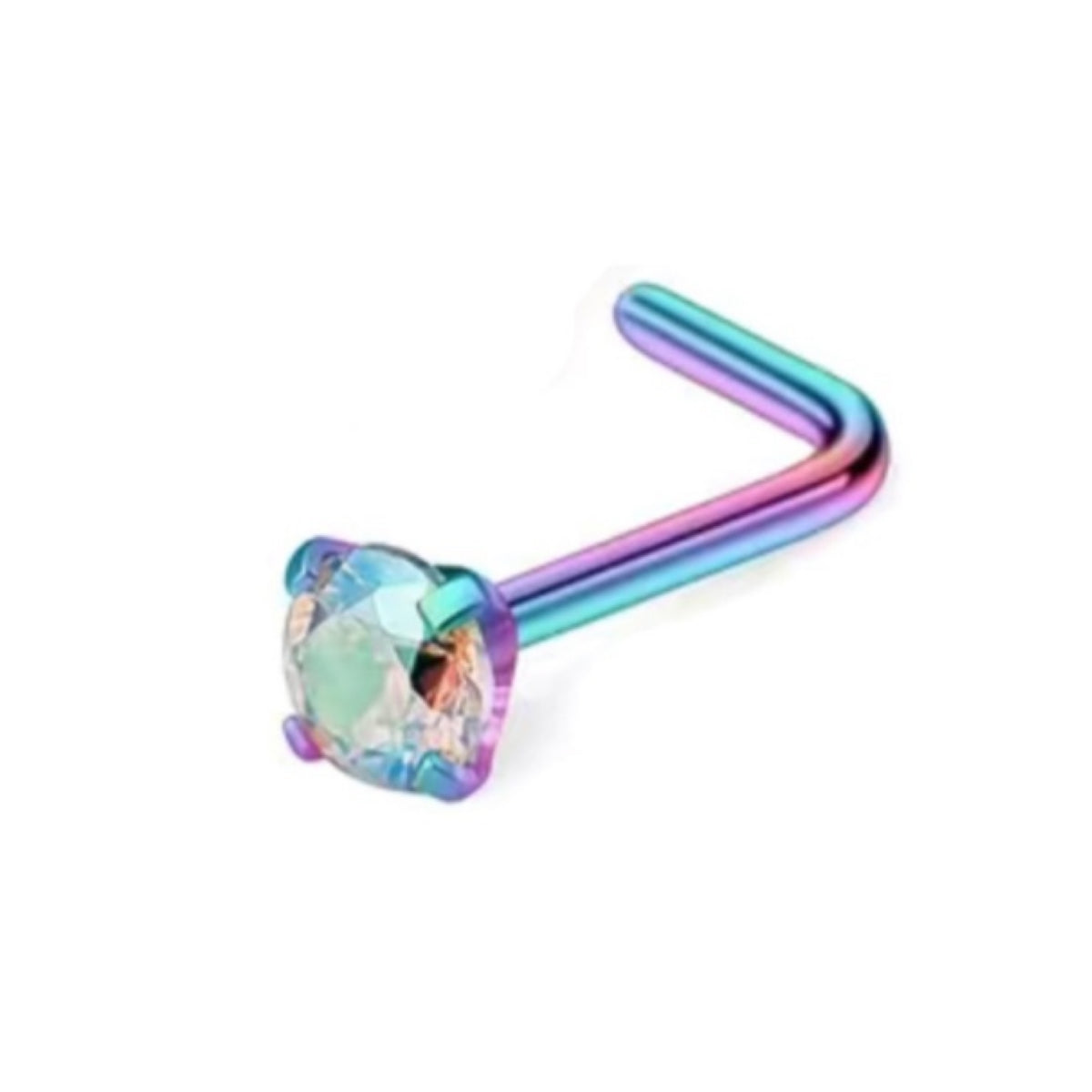 Rainbow Iridescent CZ L Bend Nose Ring Stud