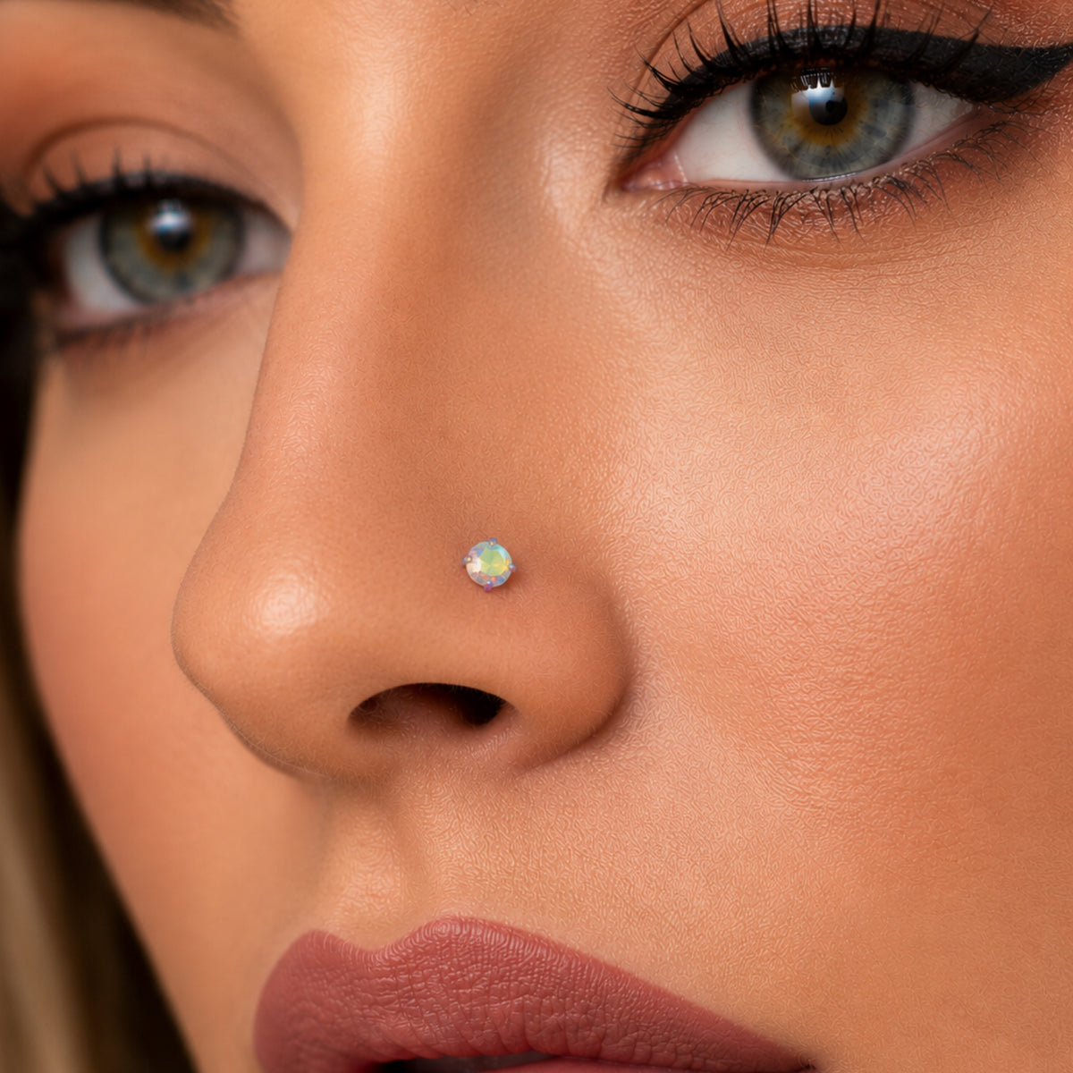 Rainbow Iridescent CZ L Bend Nose Ring Stud