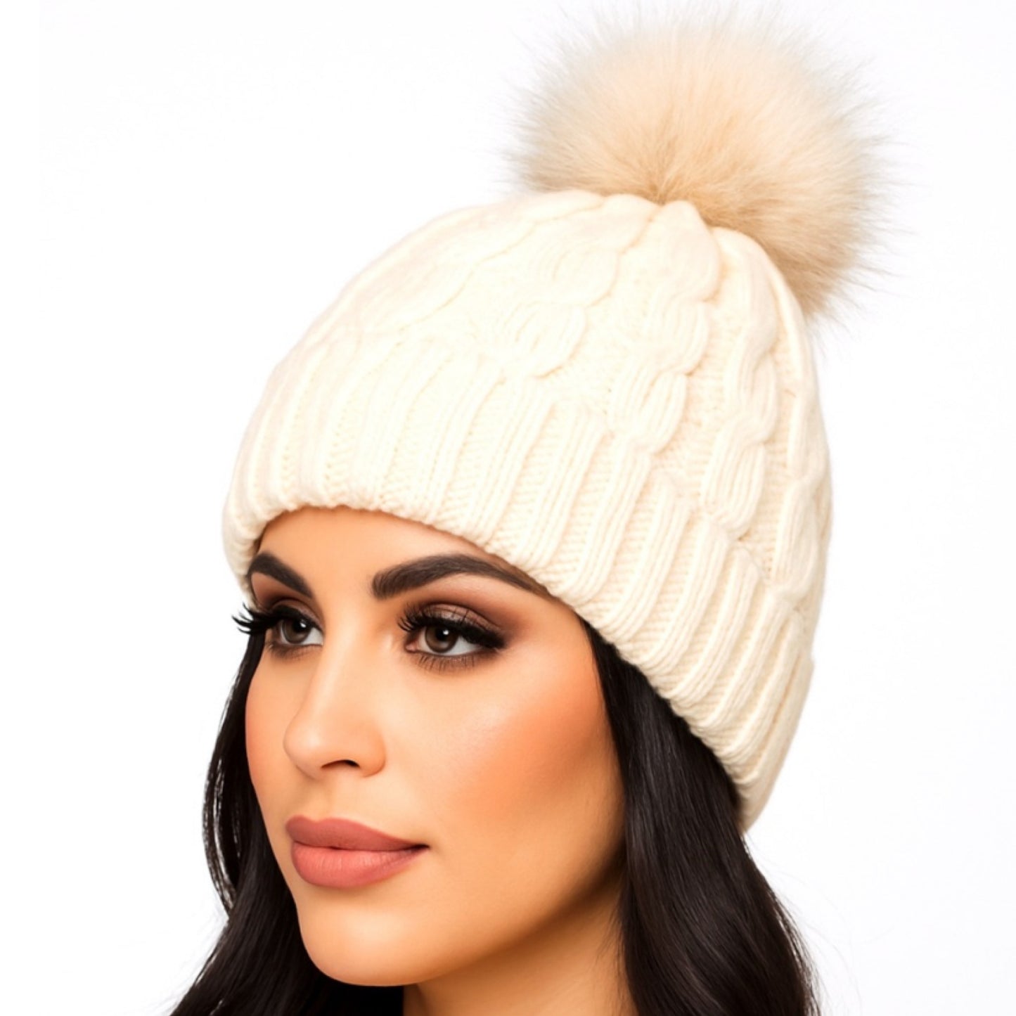 Super Soft Chenille Beanie Hat | White Cable Knit Ribbed Hem | One Size