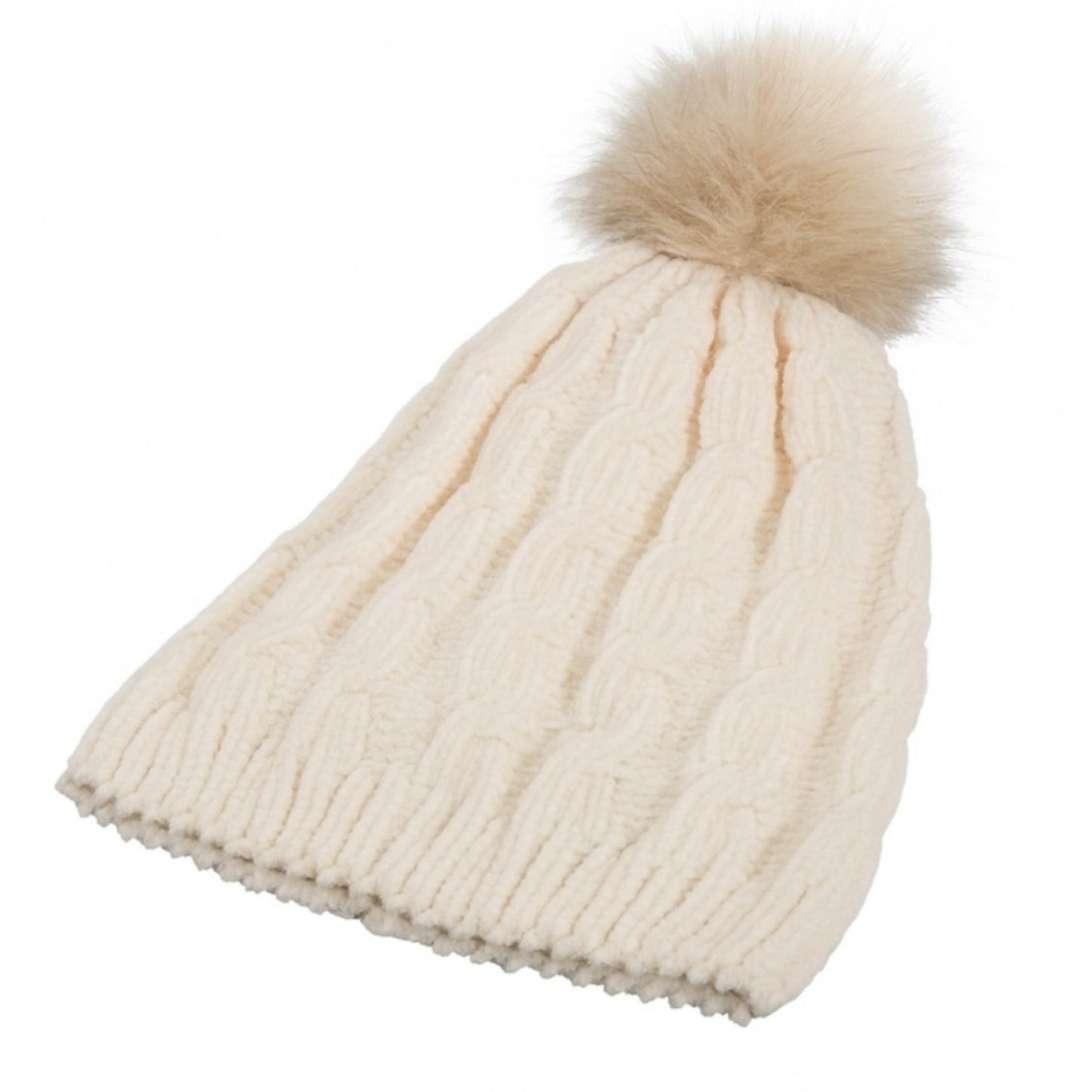 Super Soft Chenille Beanie Hat | White Cable Knit Ribbed Hem | One Size