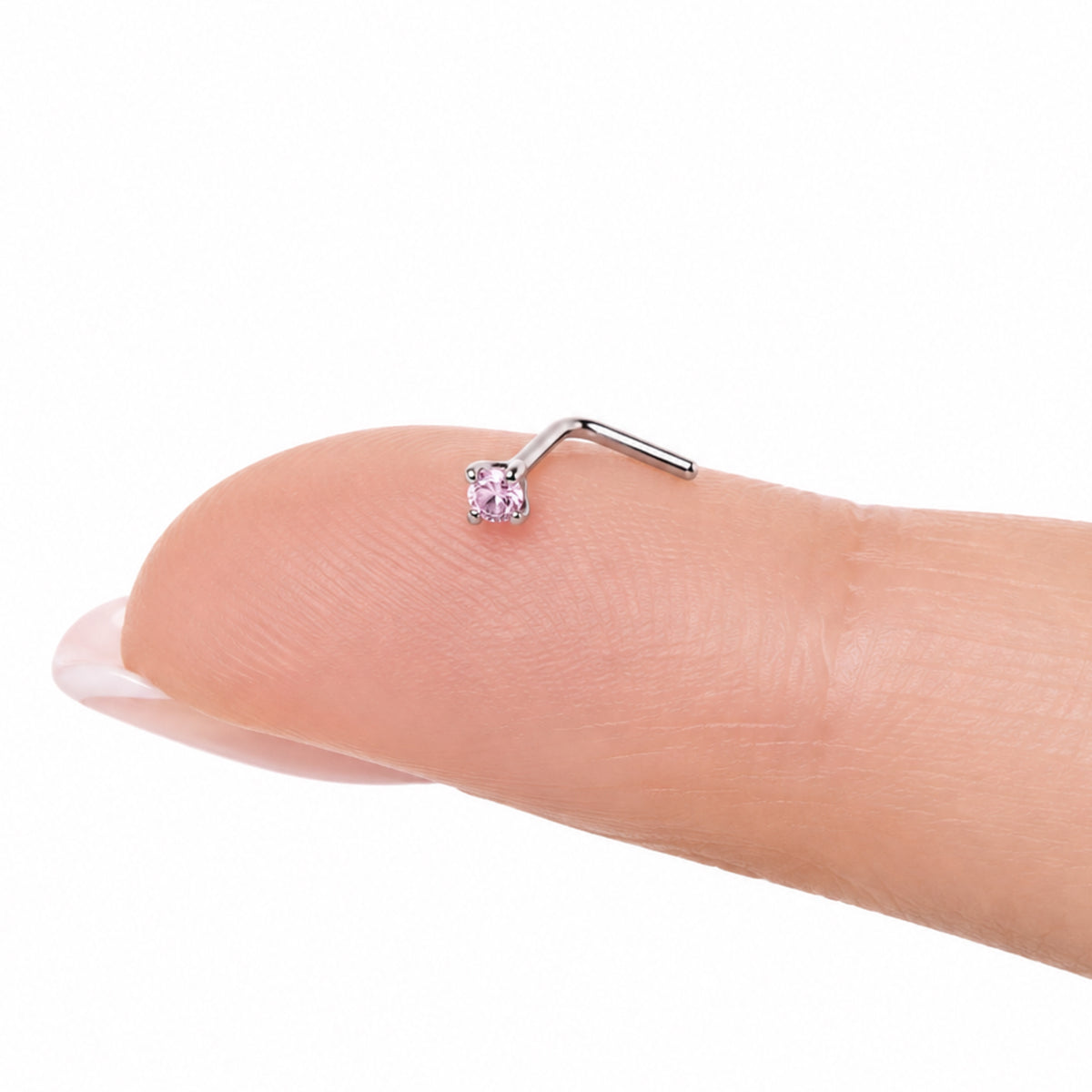 Pink Round CZ L Shaped Nose Ring Stud