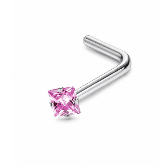 Pink Square CZ L Shaped Nose Ring