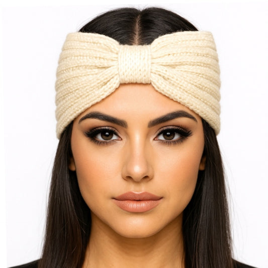 Cream Knit Bow Headband | Winter Ear Warmer | Soft Chunky Cable Knit Headwrap