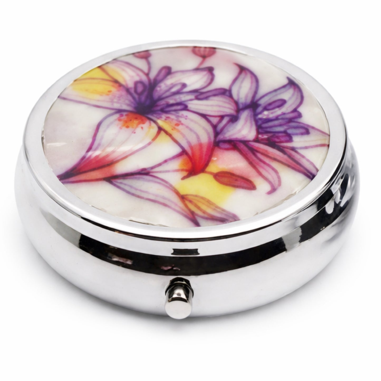 Floral Lily Pill Box – 3 Compartment Silver Travel Organizer