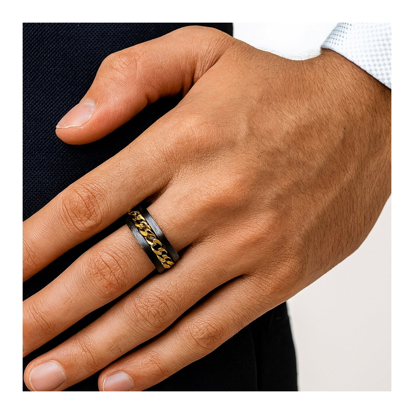 Black Stainless Steel Spinner Ring with Gold Chain Inlay