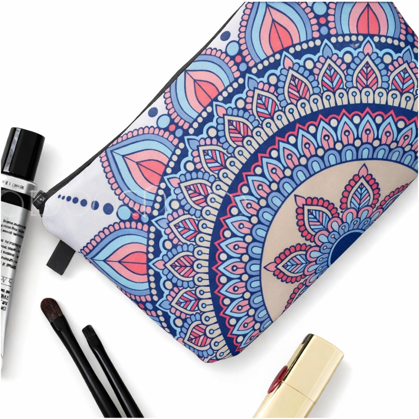 Boho Mandala Makeup Bag – Blue & Pink Travel Cosmetic Pouch