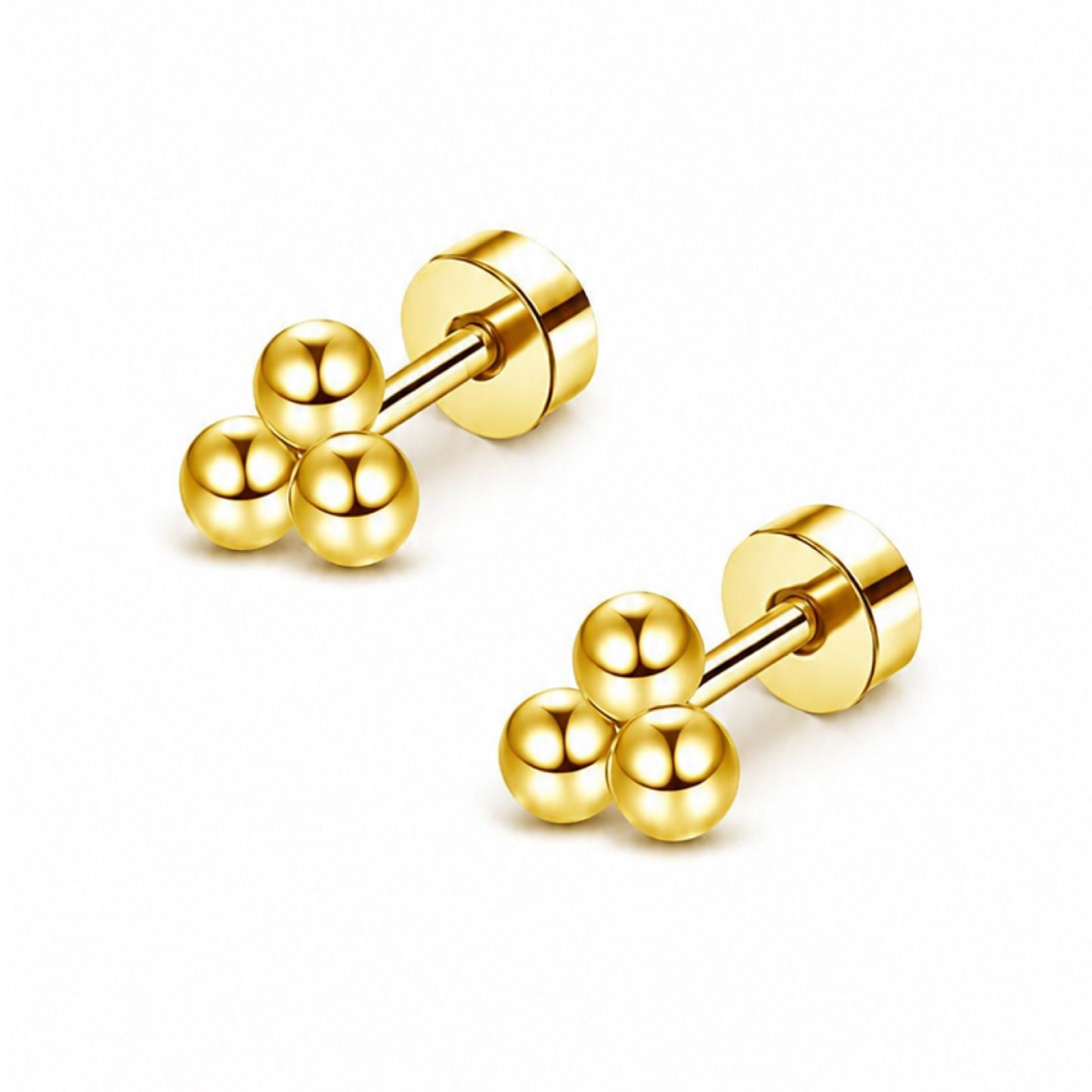 Gold Triple Ball Flat Back Stud Earrings