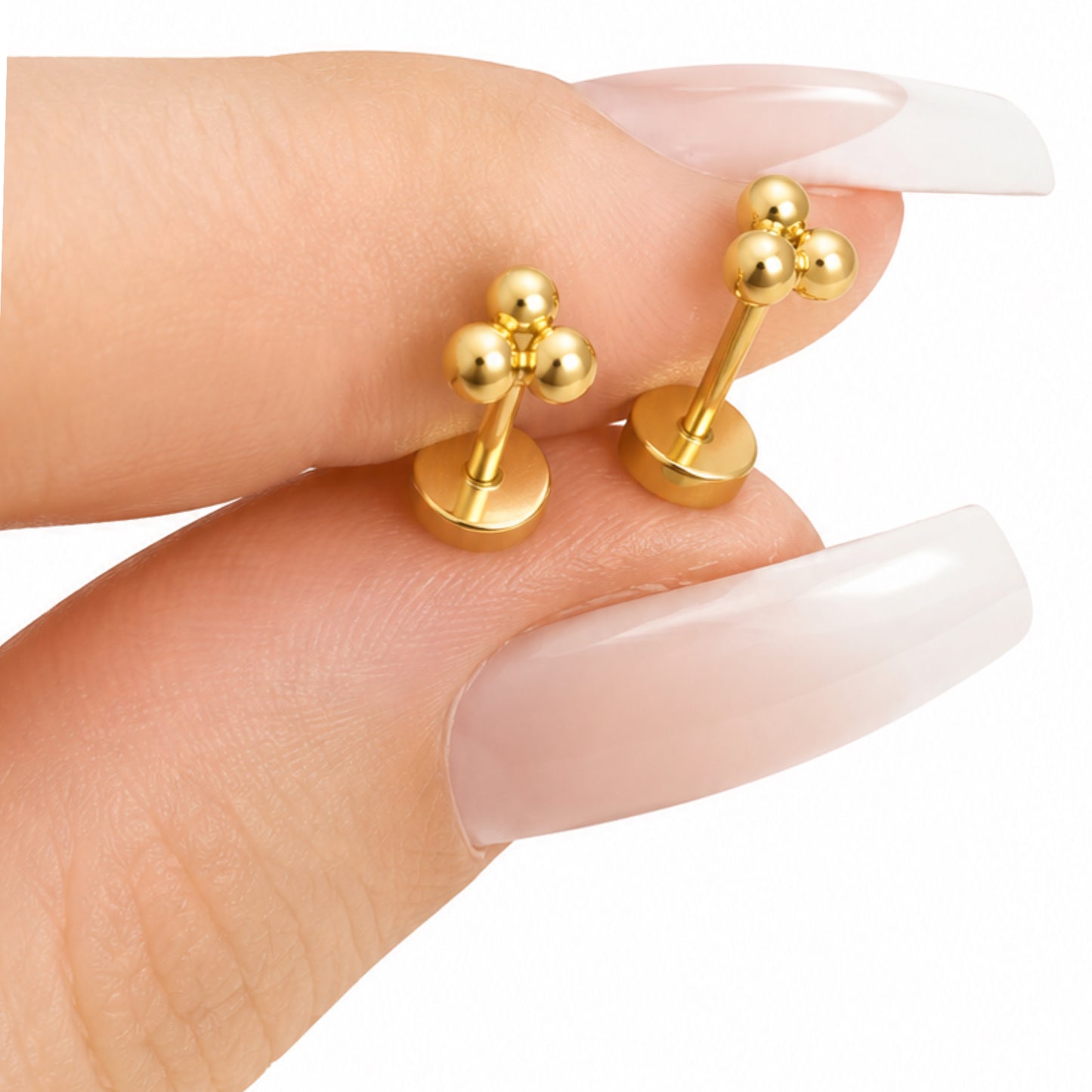 Gold Triple Ball Flat Back Stud Earrings