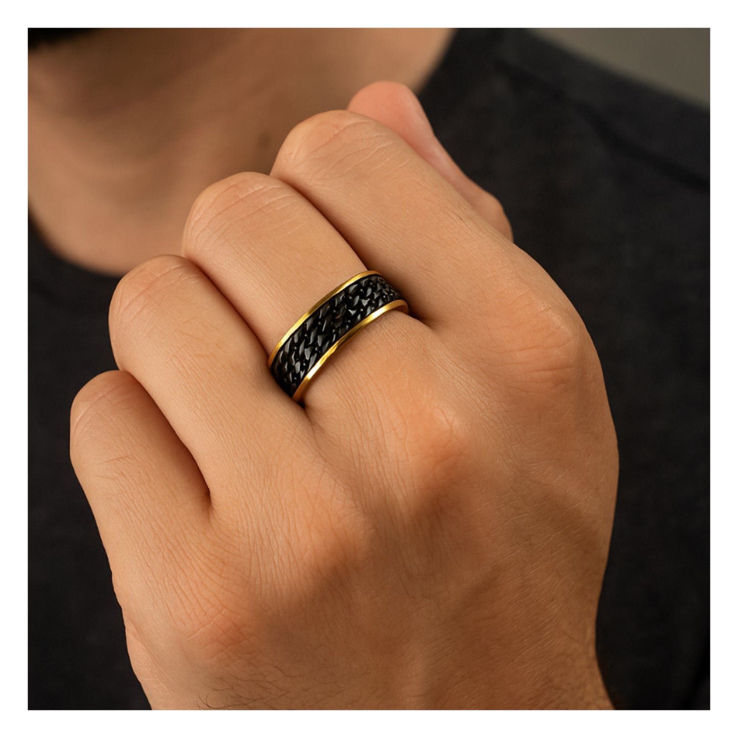 Men’s Gold Stainless Steel Spinner Ring – Black Chain Link 8mm Band