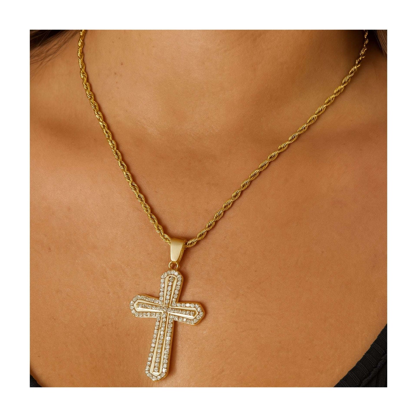 Gold Plated Stainless Steel Cross Pendant with 24” Rope Chain – Clear CZ Iced Out Necklace