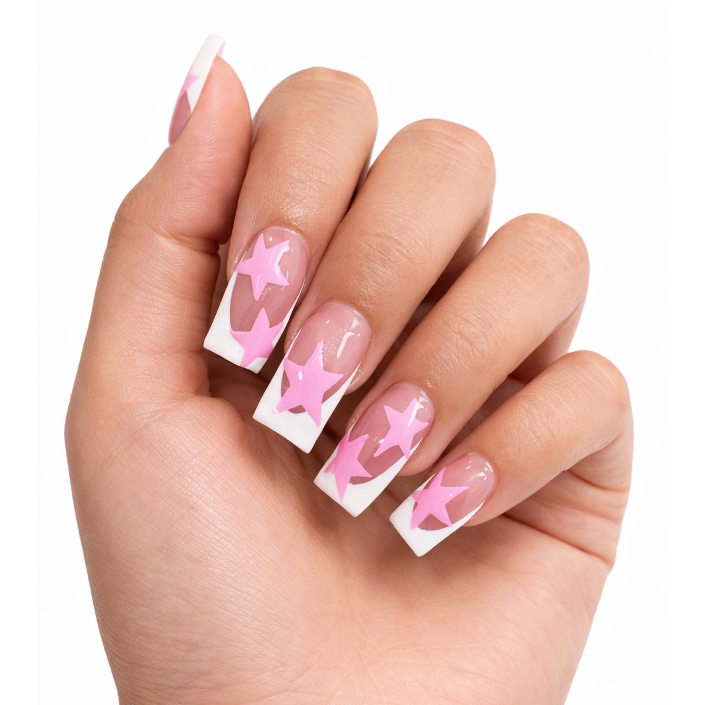 Pink Star French Tip Press-On Nails – Long Square Glossy Y2K Star Nails