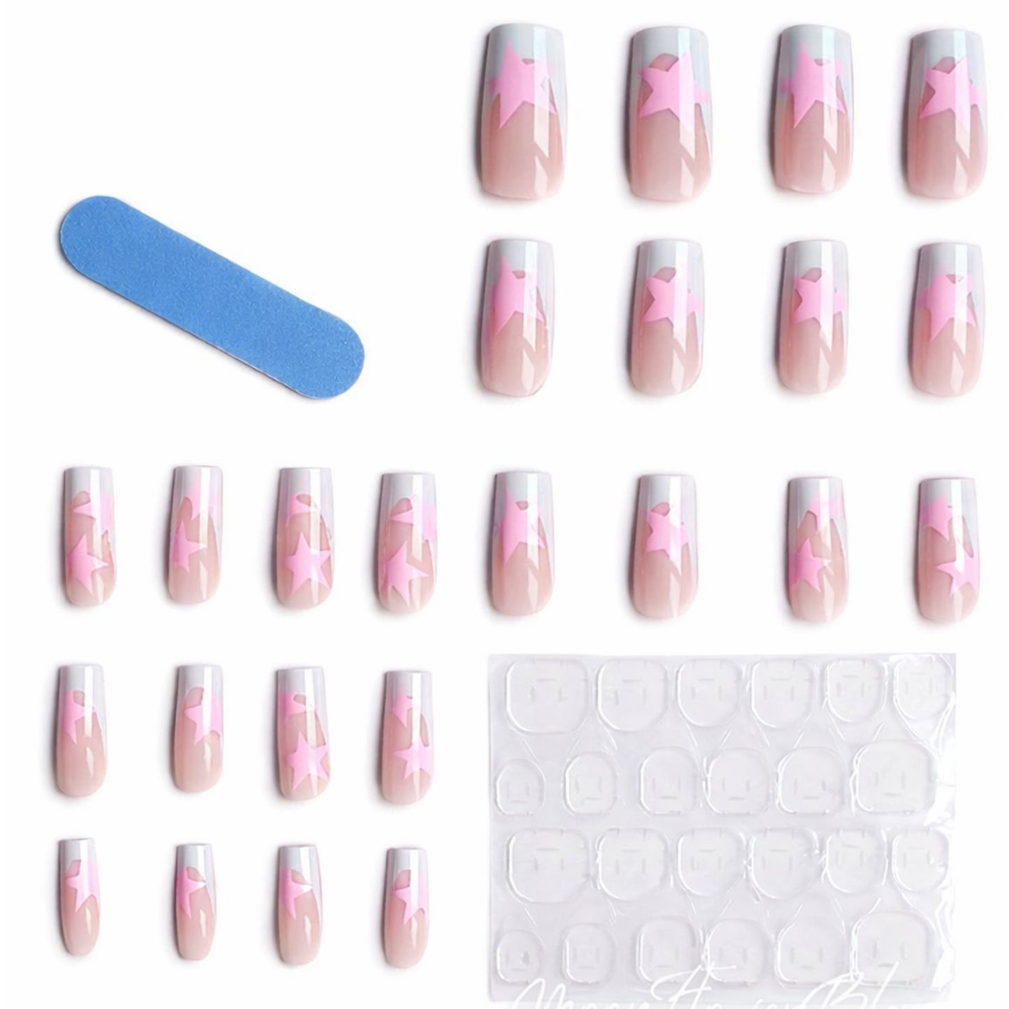 Pink Star French Tip Press-On Nails – Long Square Glossy Y2K Star Nails