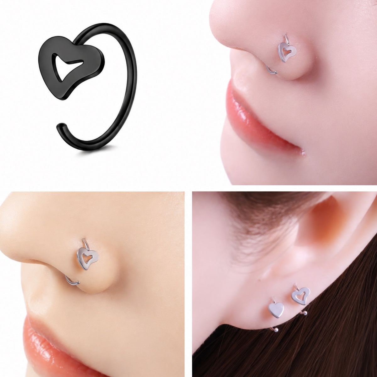 Black Cutout Heart Fixed Half Hoop Nose Ring
