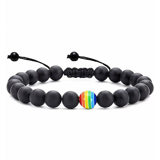 Black Matte Beaded Adjustable Bracelet with Rainbow Accent