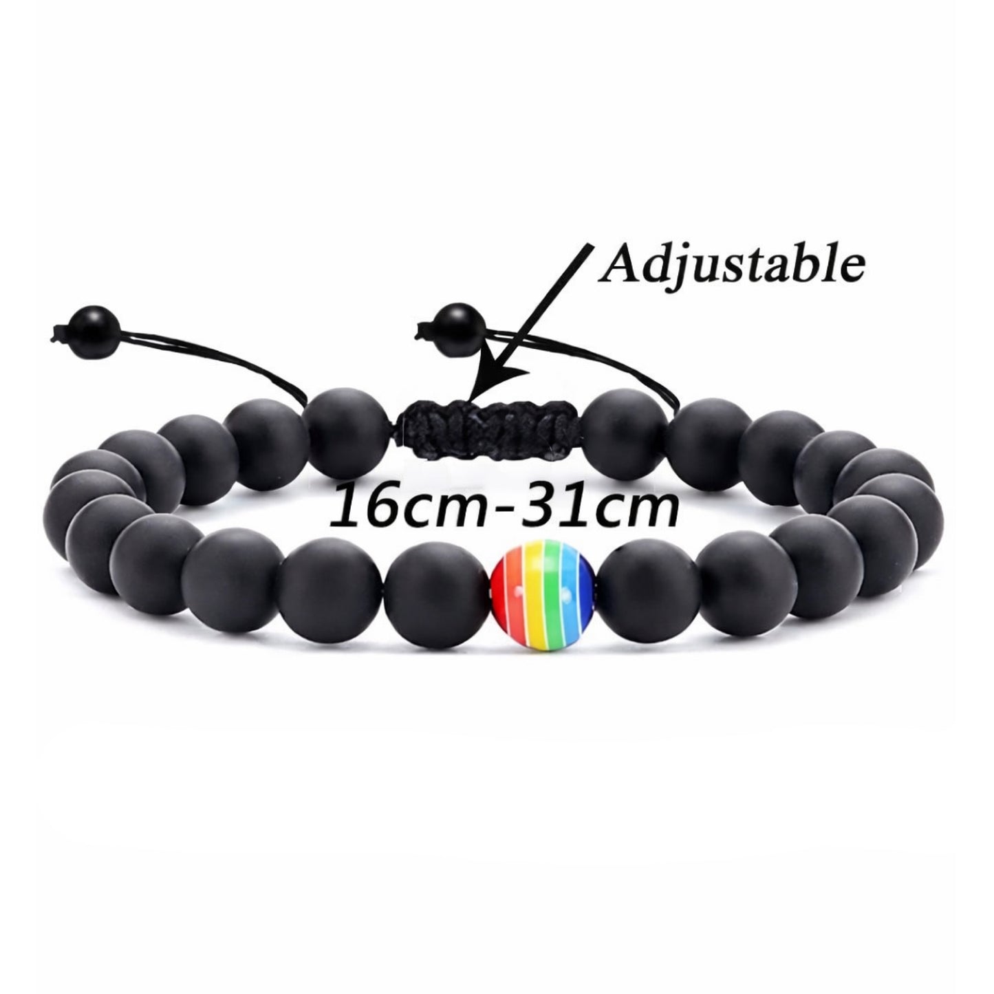 Black Matte Beaded Adjustable Bracelet with Rainbow Accent