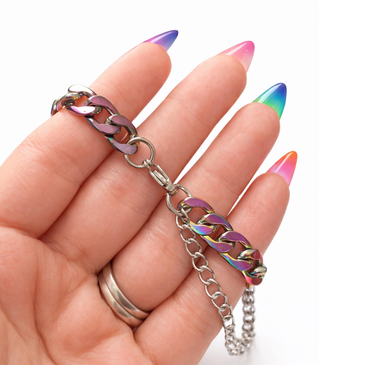 Rainbow Cuban Link Chain Bracelet – Stainless Steel Adjustable