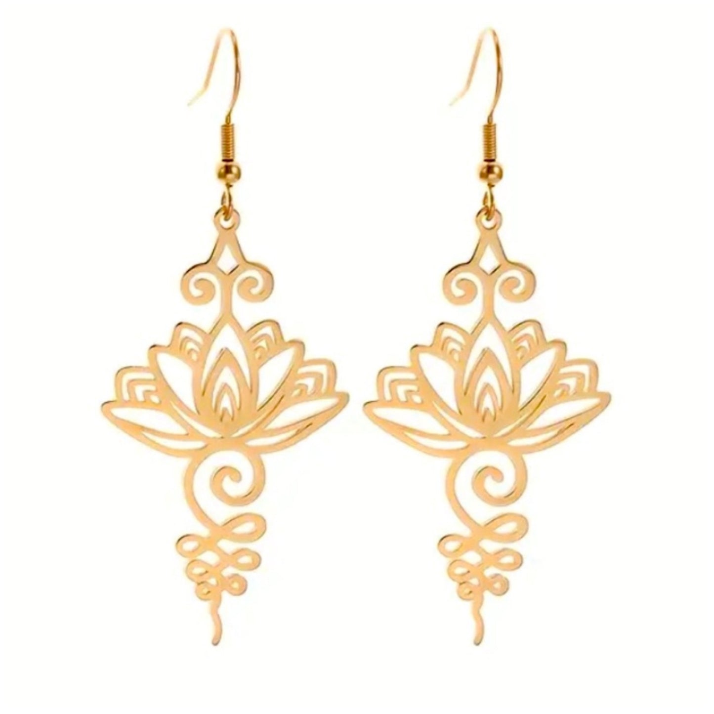 Gold Lotus Floral Drop Dangle Earrings