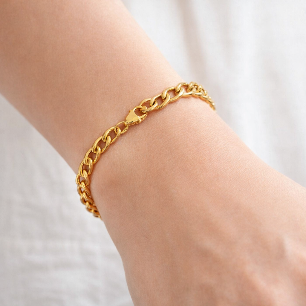 Gold Plated Curb Chain Bracelet – 5mm Cuban Link 8” Unisex Chain