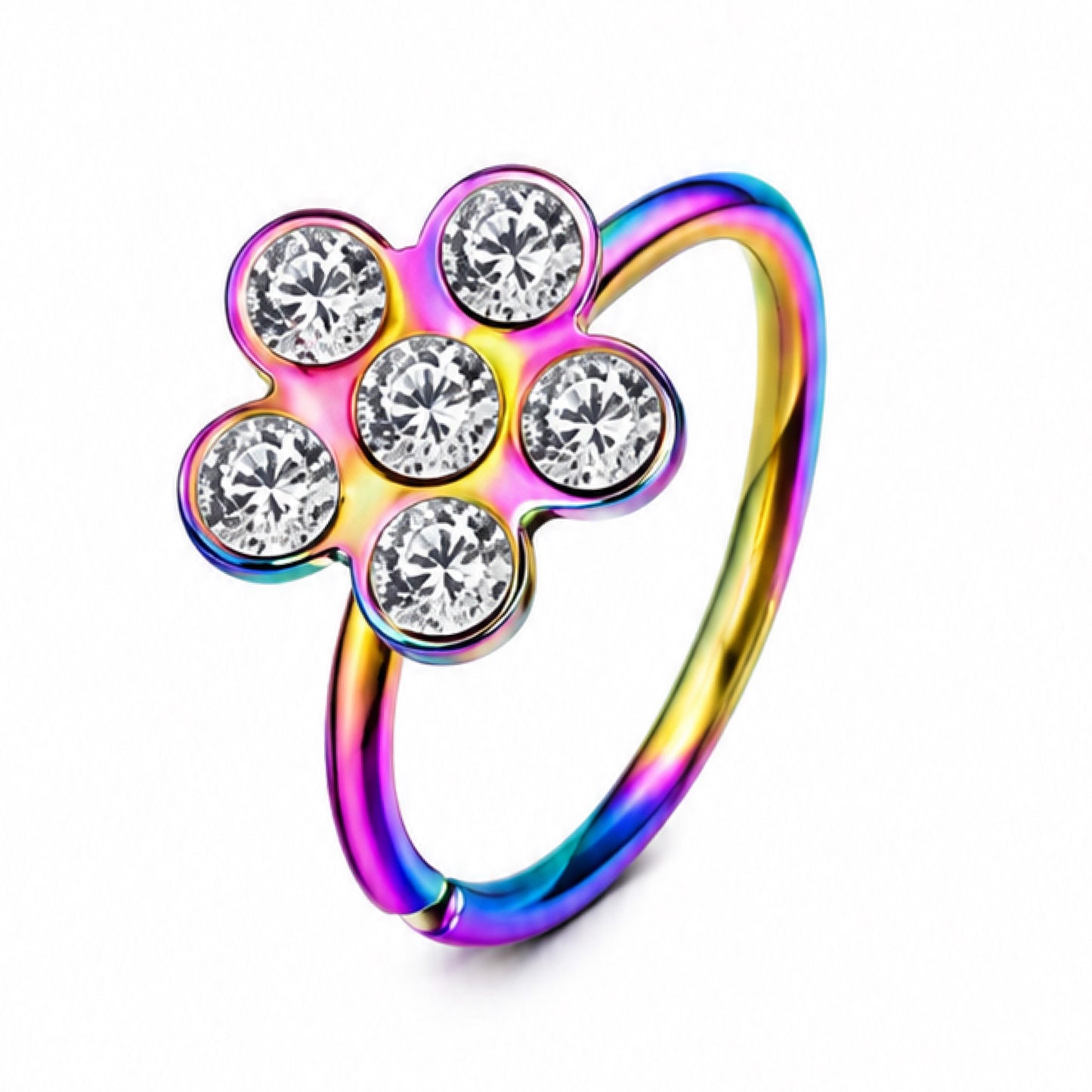 Rainbow CZ Flower Fixed Hoop Nose Ring