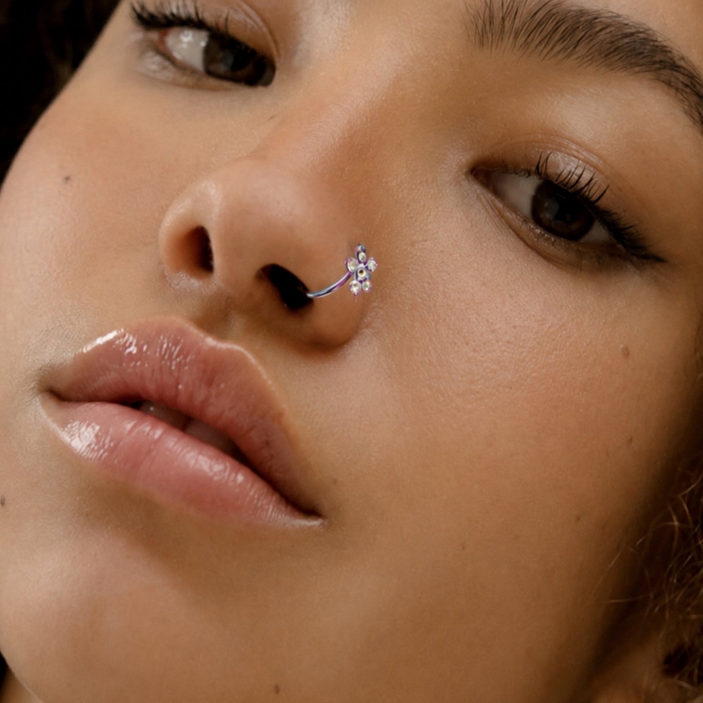 Rainbow CZ Flower Fixed Hoop Nose Ring