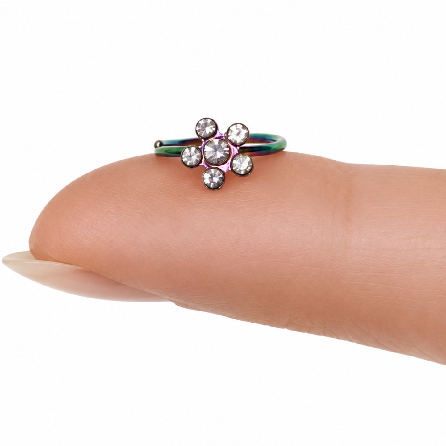 Rainbow CZ Flower Fixed Hoop Nose Ring