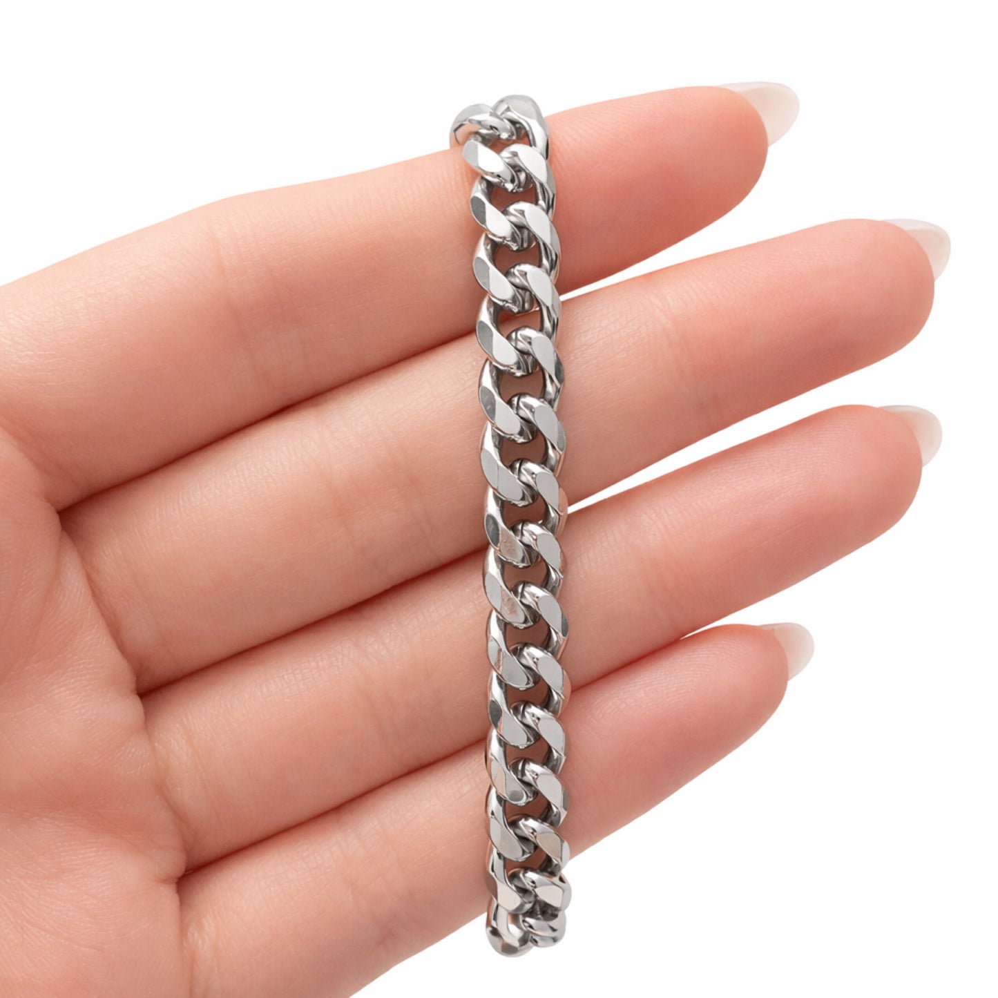Stainless Steel Cuban Link Bracelet – 7mm Silver Curb Chain, 8.5”