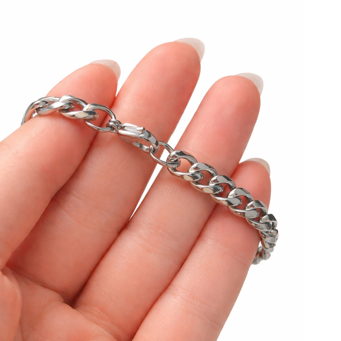Stainless Steel Cuban Link Bracelet – 7mm Silver Curb Chain, 8.5”