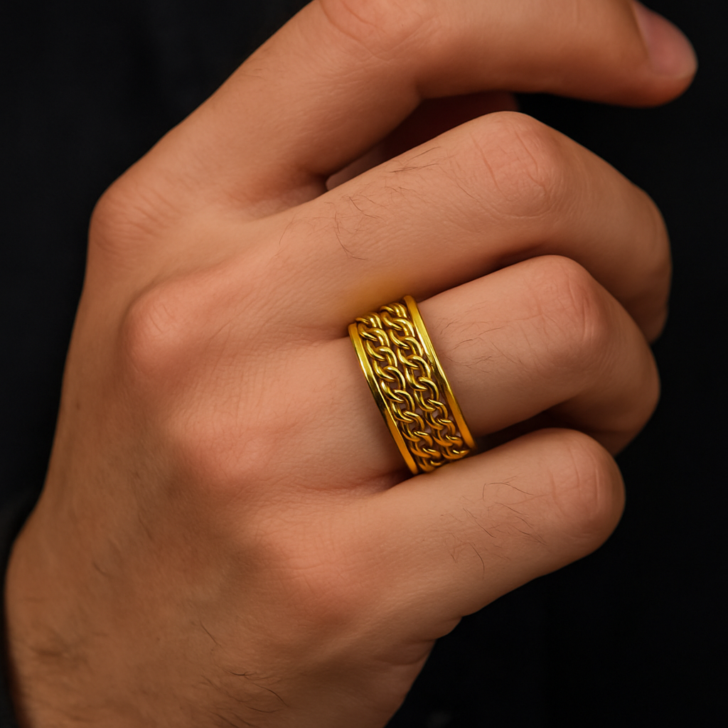 Men’s Double Chain Spinner Ring – 18K Gold Plated Stainless Steel
