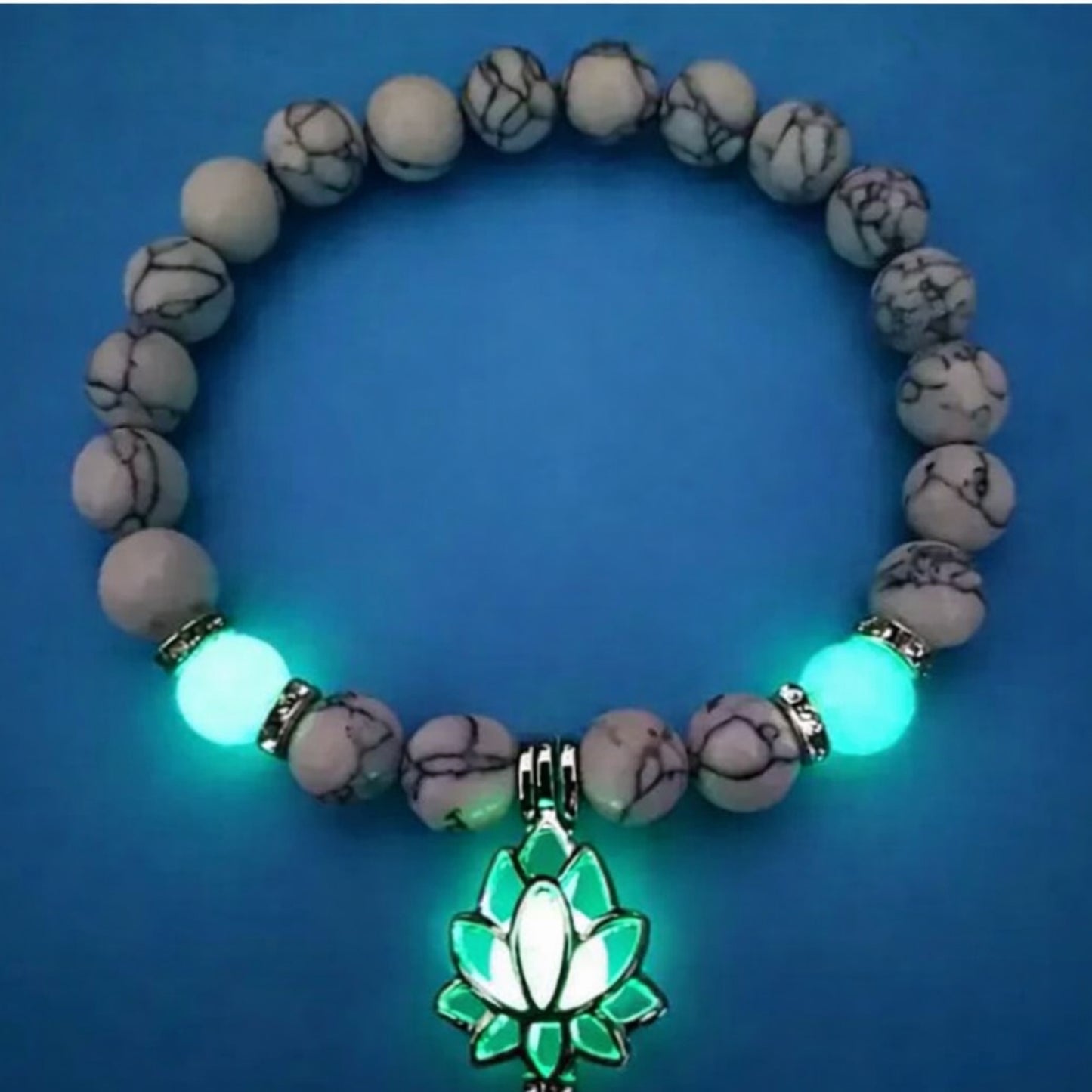 White Howlite Beaded Stretch Bracelet with Glow Beads & Lotus Charm