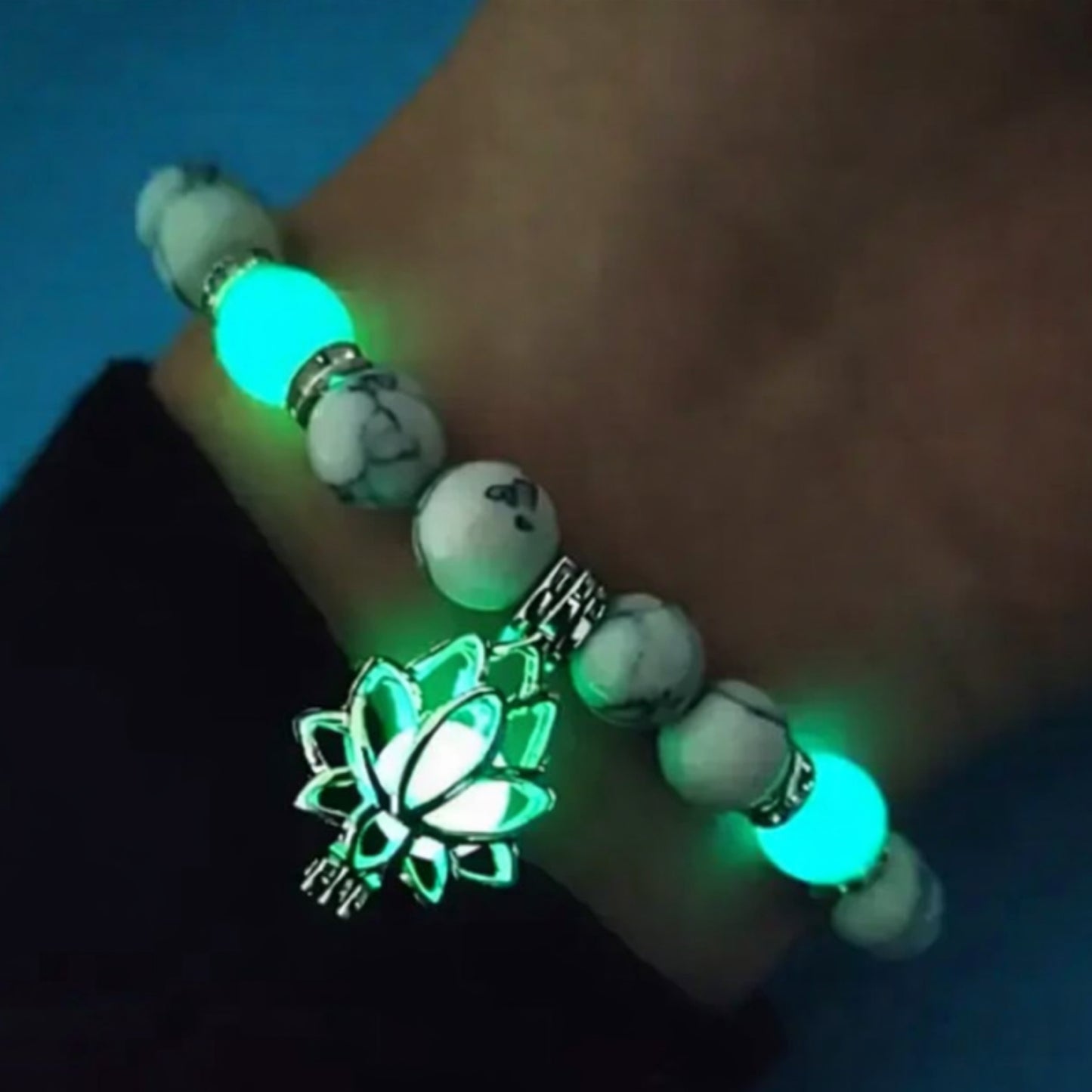 White Howlite Beaded Stretch Bracelet with Glow Beads & Lotus Charm