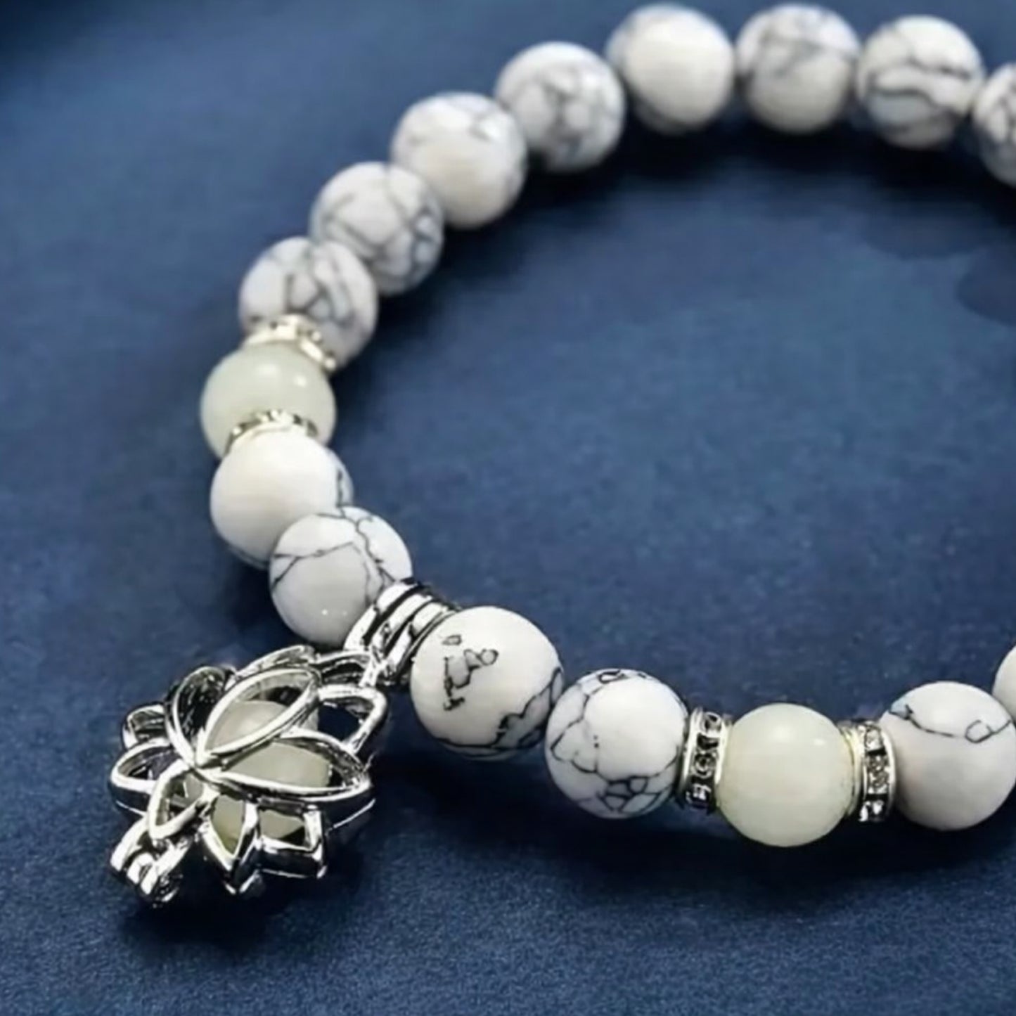 White Howlite Beaded Stretch Bracelet with Glow Beads & Lotus Charm
