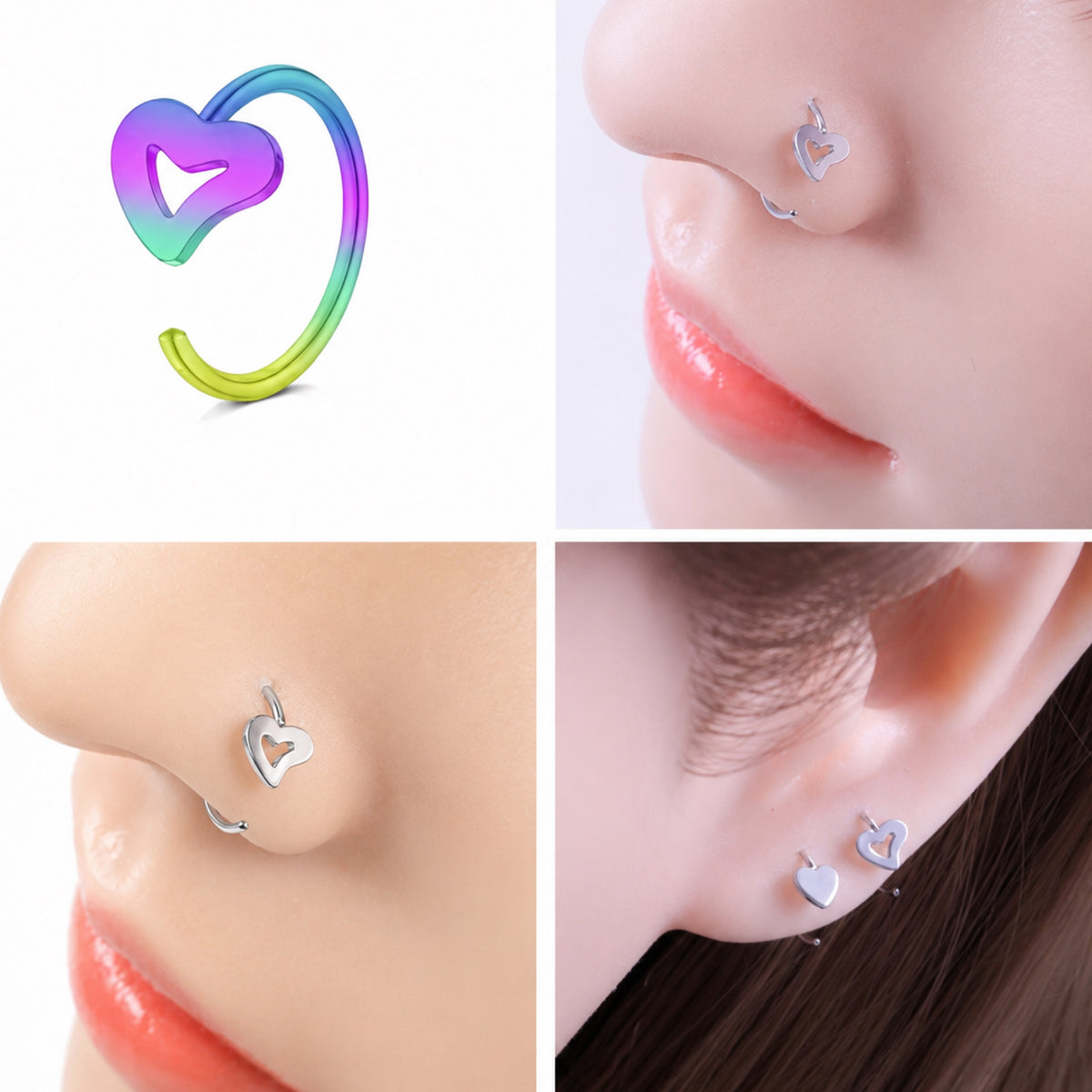 Rainbow Open Heart Fixed Half Hoop Nose Ring