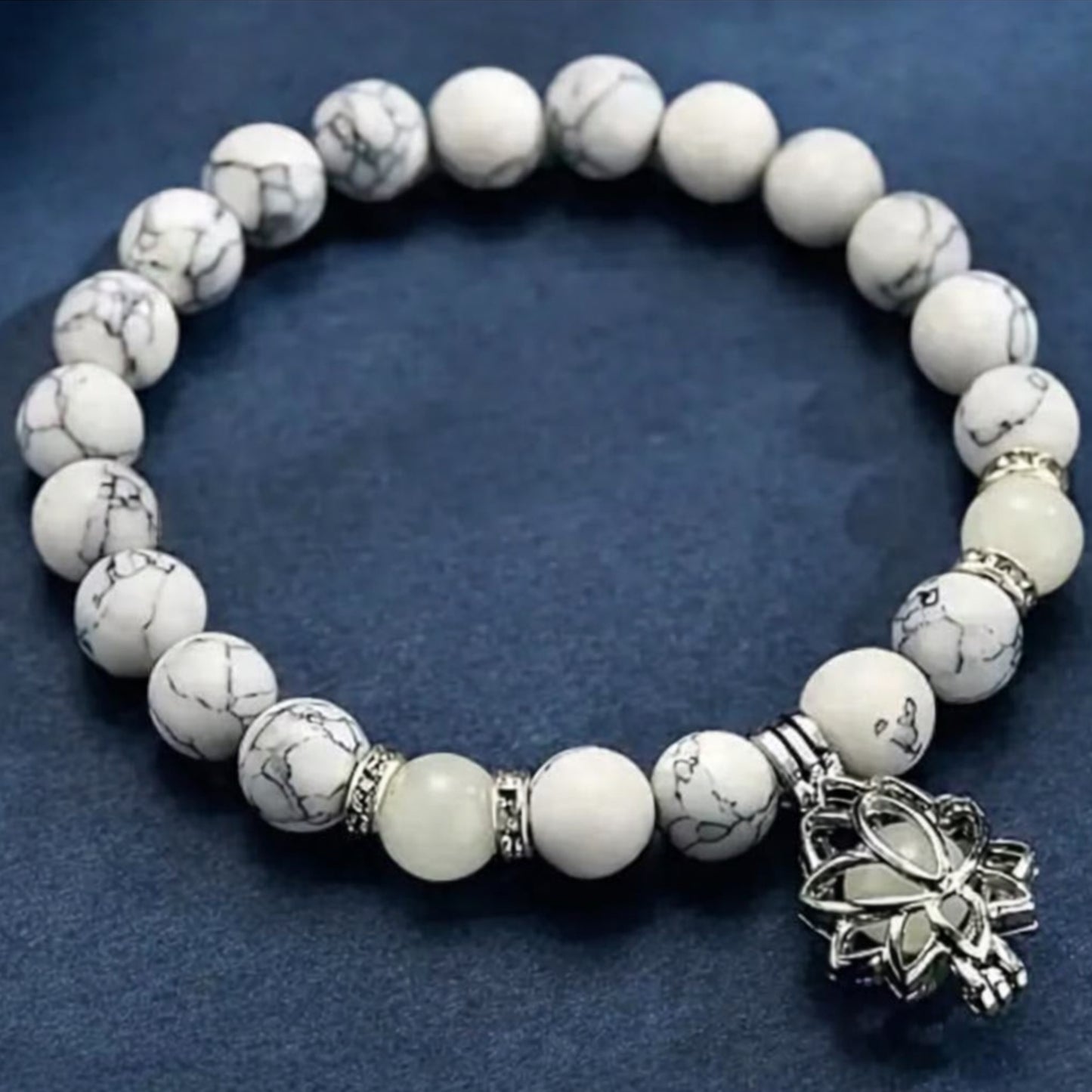 White Howlite Beaded Stretch Bracelet with Glow Beads & Lotus Charm