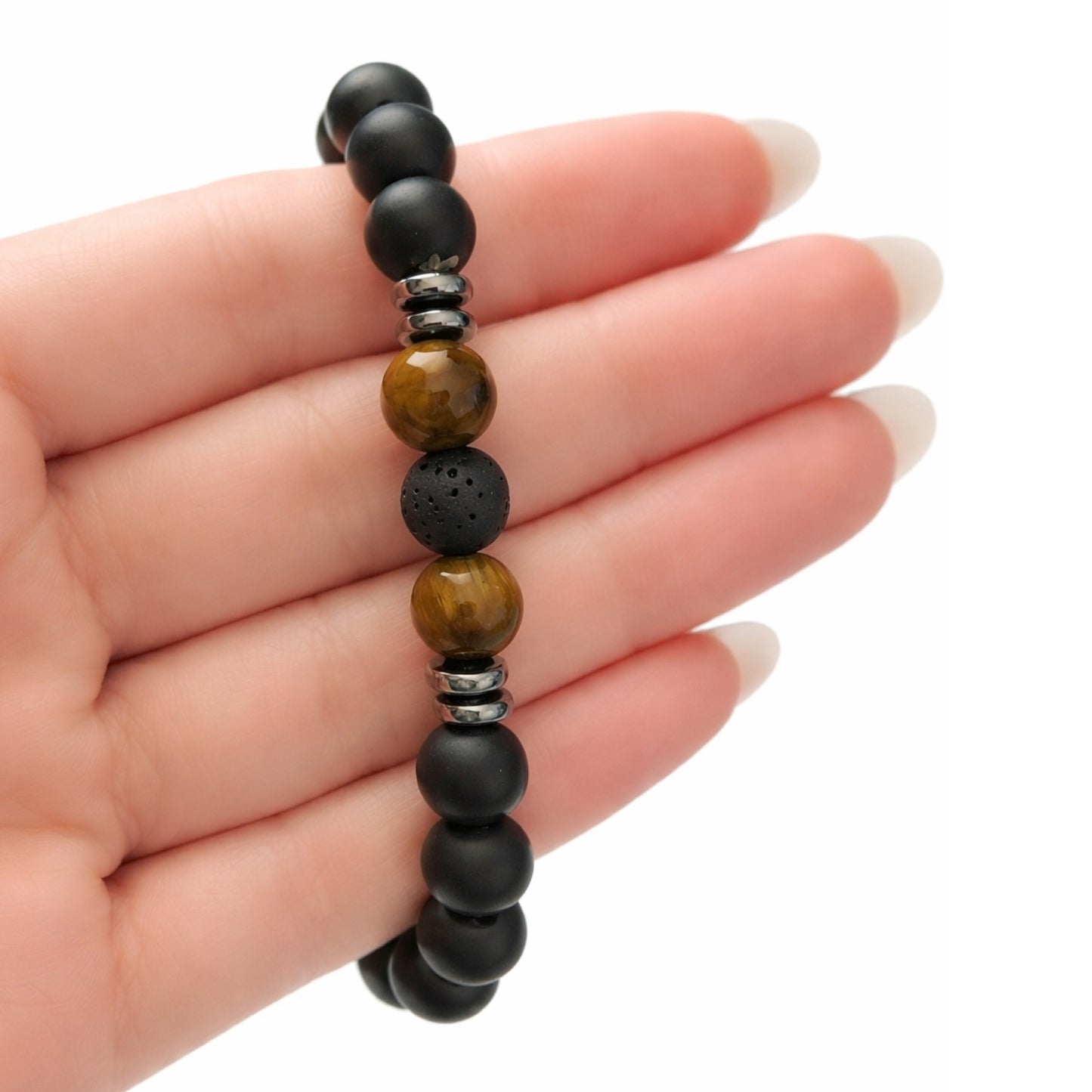 Matte Black Beaded Bracelet with Tiger Eye & Lava Stone Diffuser
