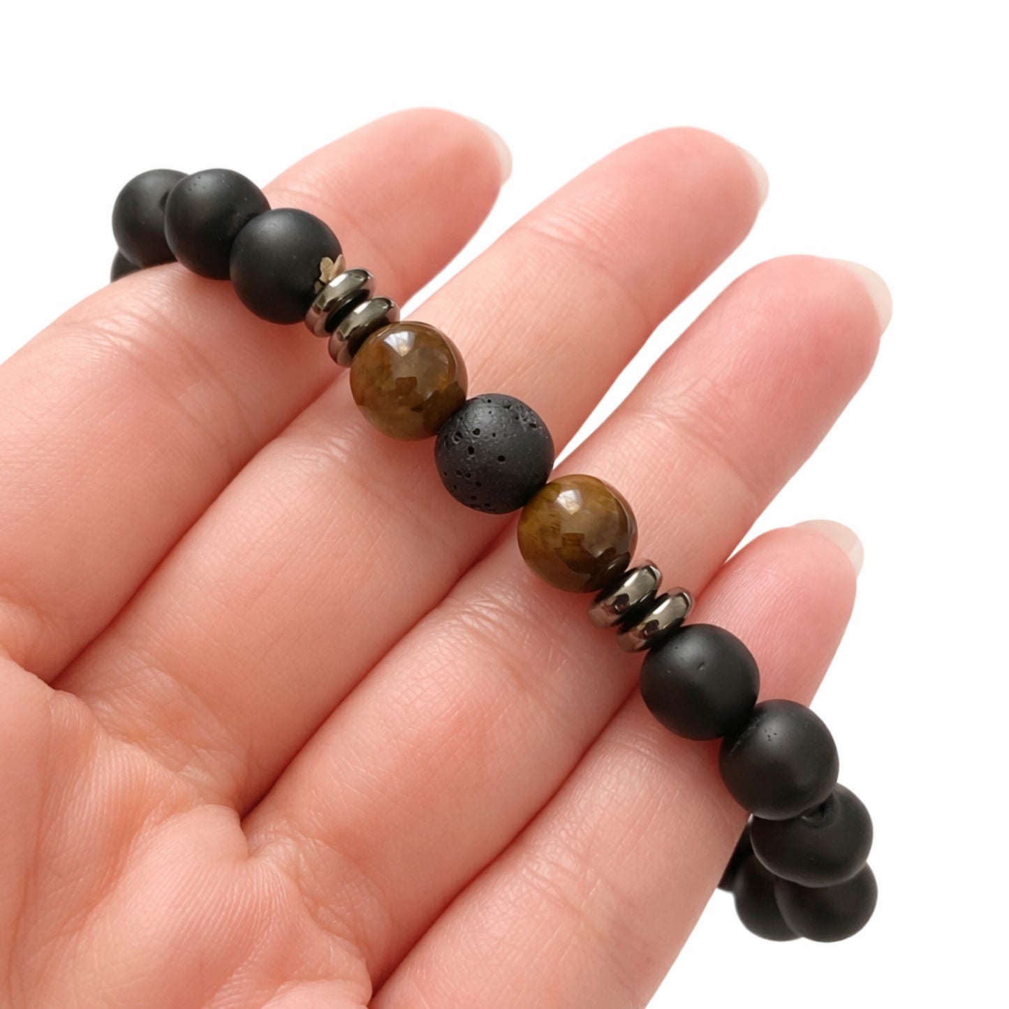 Matte Black Beaded Bracelet with Tiger Eye & Lava Stone Diffuser