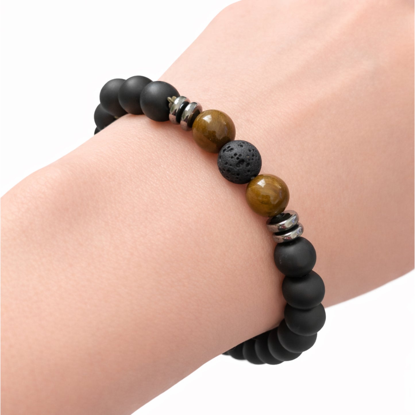 Matte Black Beaded Bracelet with Tiger Eye & Lava Stone Diffuser