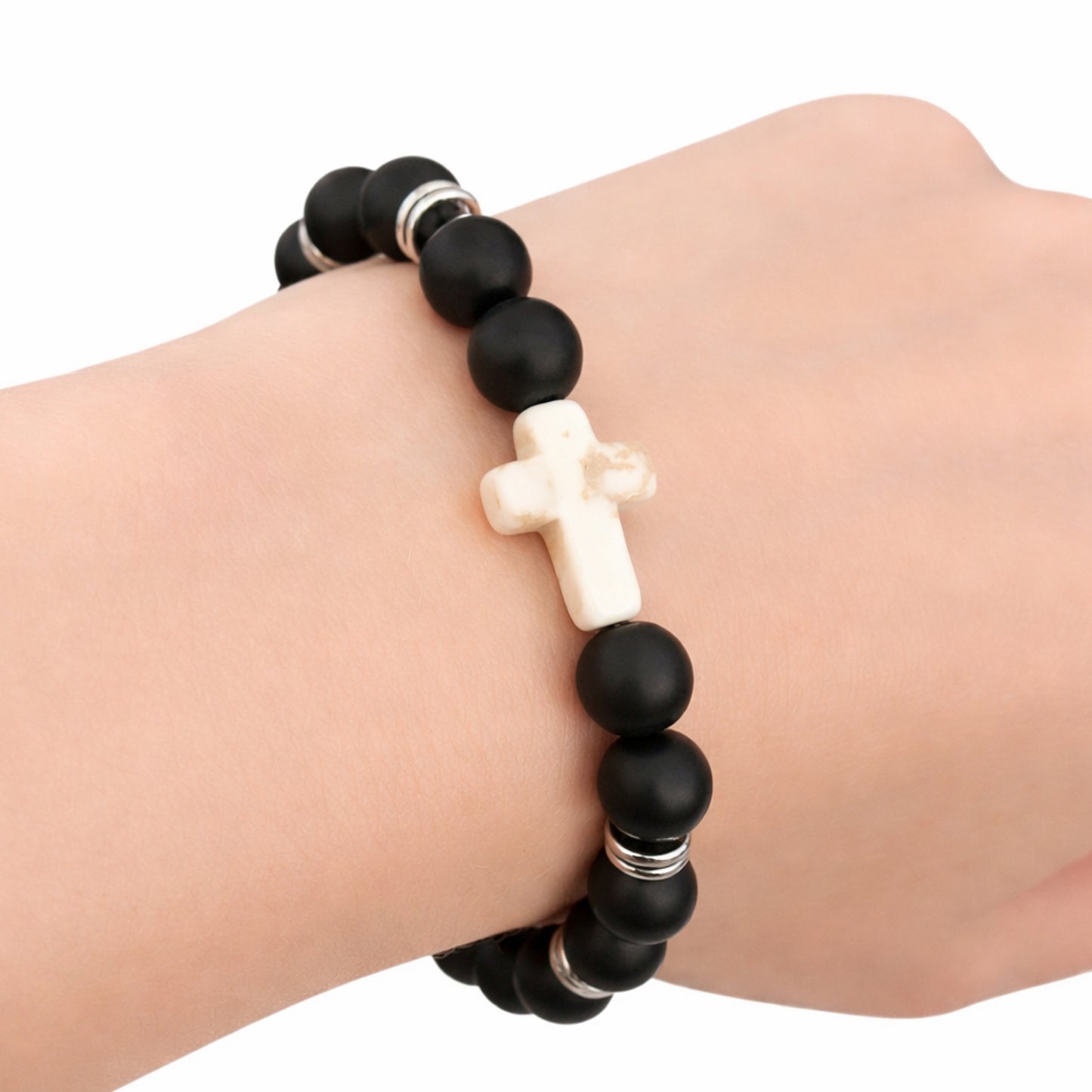 Black Matte Beaded Bracelet with White Howlite Cross – Stretch Gemstone Bracelet