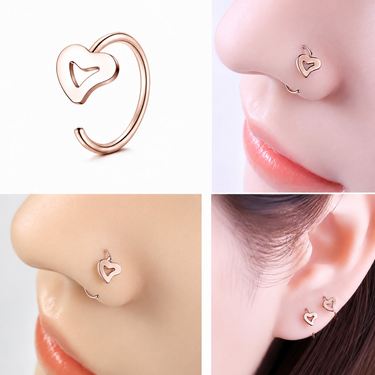 Rose Gold Open Heart Fixed Half Hoop Nose Ring