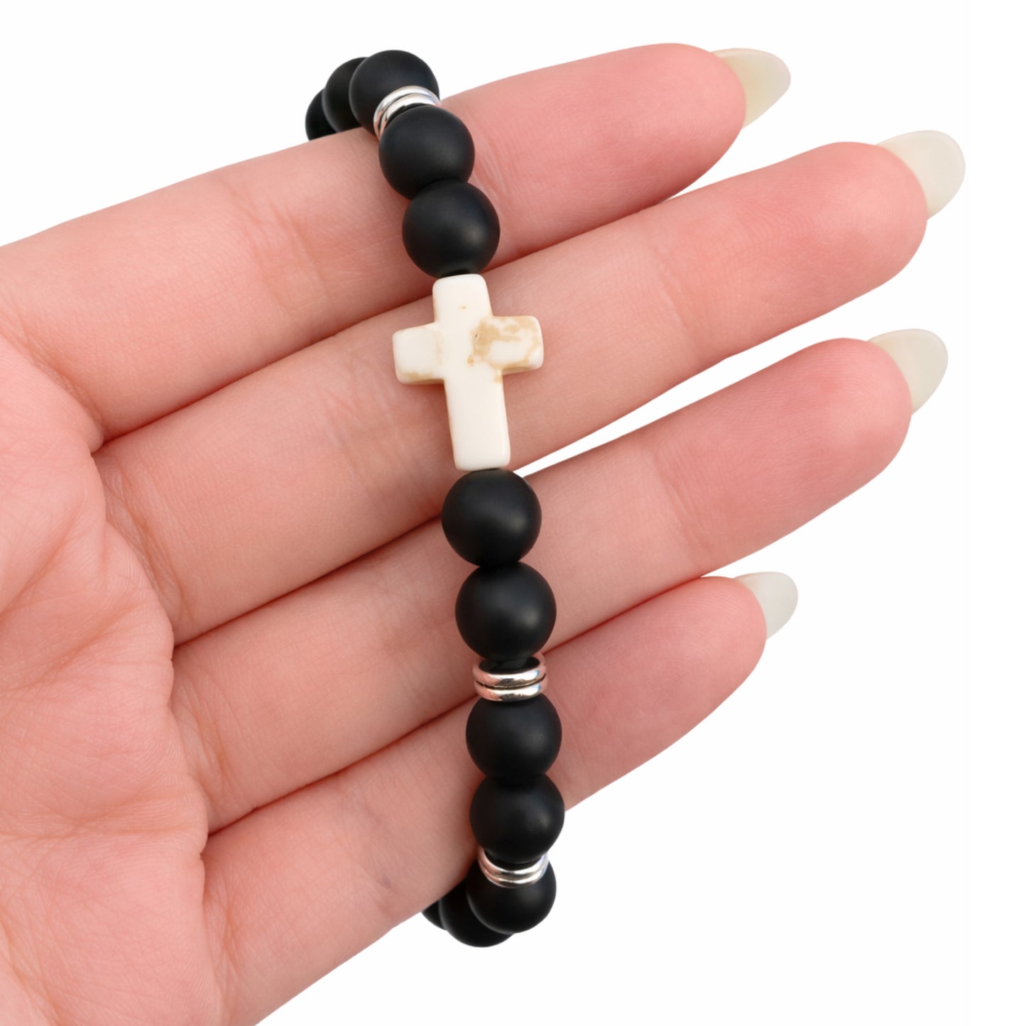 Black Matte Beaded Bracelet with White Howlite Cross – Stretch Gemstone Bracelet