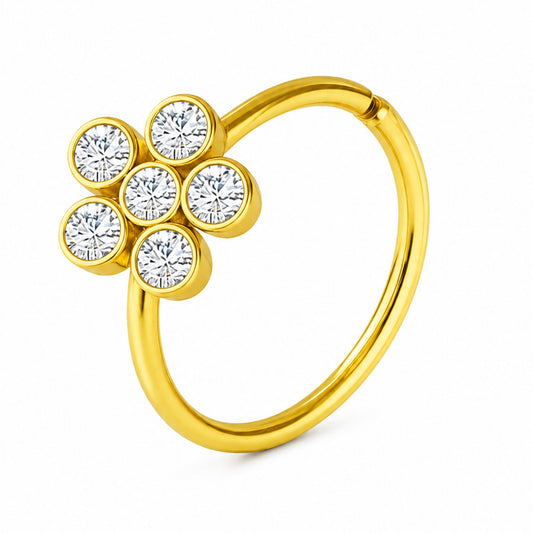 Gold CZ Flower Fixed Hoop Nose Ring