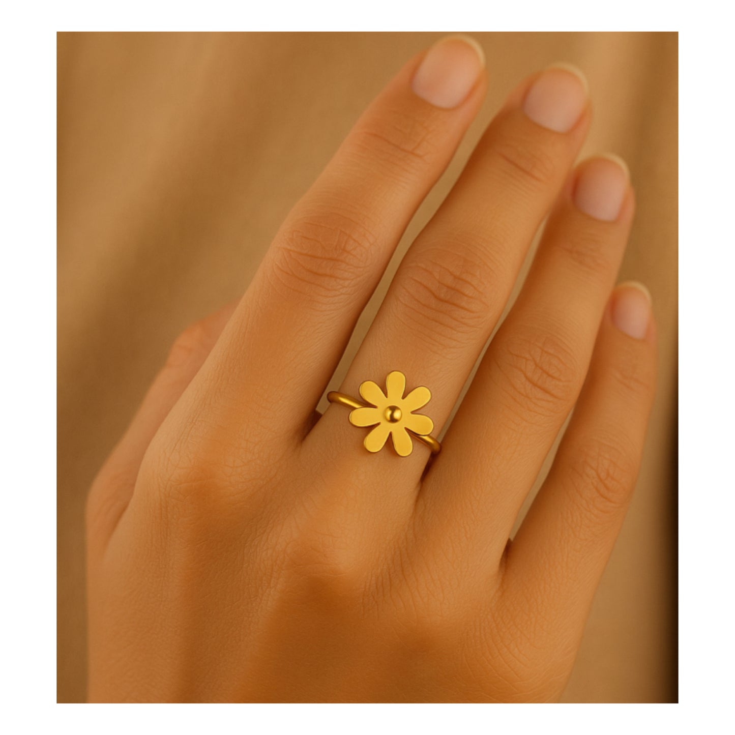Gold Titanium Flower Cuff Ring – Adjustable Open Band